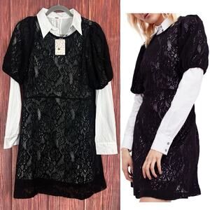 Free People Womens Pretty Princess Shirt Dress Black Layered Size Large NWT